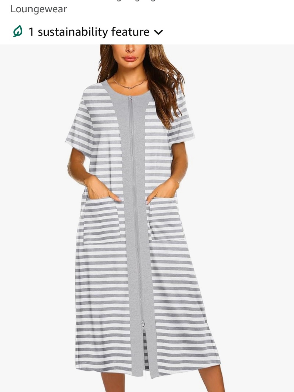 Amazon Gray and White Striped Zip-Front Lounge Robe Nap Dress House Dress NWT